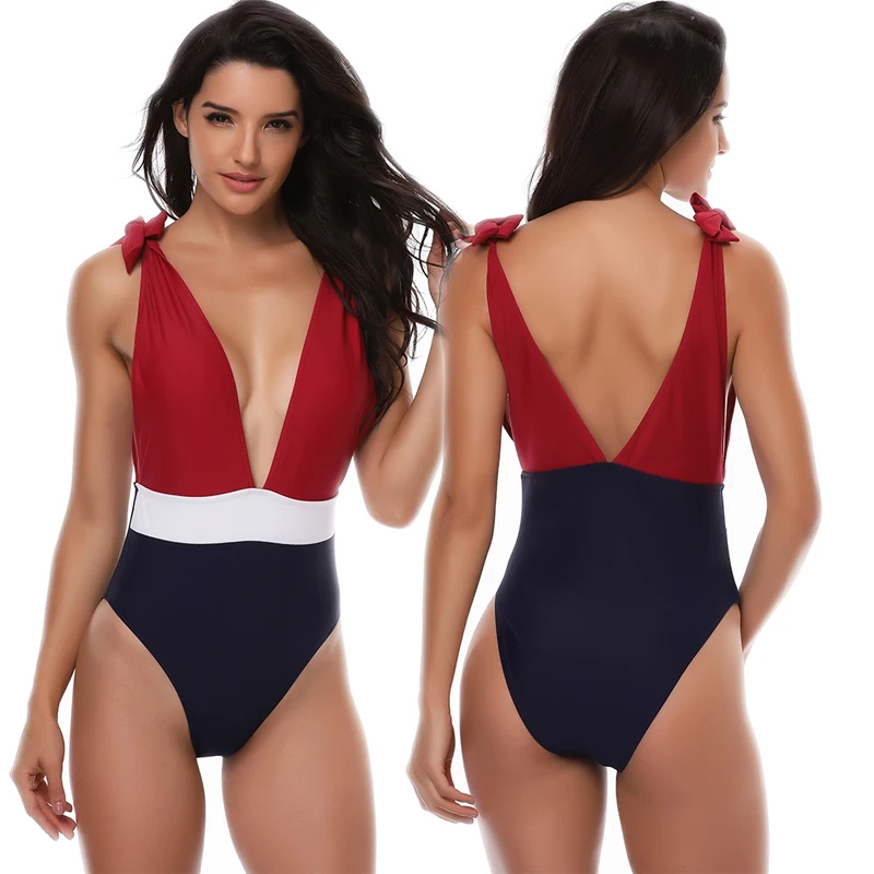 

New Plus Size Swimwear Women Deep V Neck One Piece Swimsuit Sexy Patchwork Beach Bathing Suit Retro Vintage Beachwear Monokini