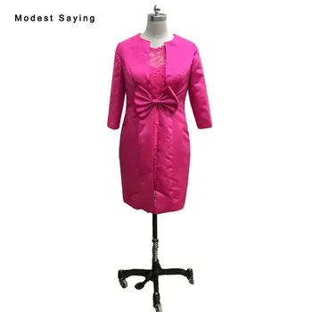 

Modest Fuchsia Sheath Bow Lace Mother of the Bride Dress 2017 with 3/4 Sleeves Bolero Jacket Formal Women Party Prom Gown JE110