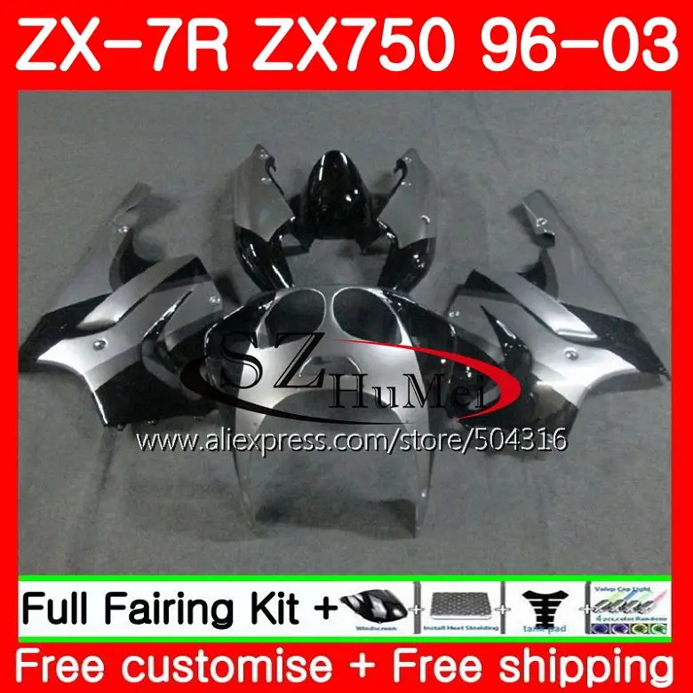 Корпус для KAWASAKI серебряный черный ниндзя ZX 750 ZX-7R 00 01 02 03 3SH8 ZX7R ZX-750 7 R ZX750 ZX 7R 2000 2001 2002 2003 комплект обтекателей - Цвет: No.  1