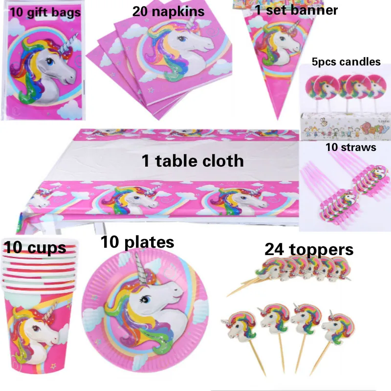 

Free shipping 91pcs luxury happy birthday kids Unicorn baby girl party shower decoration tableware sets suppliers wholesale