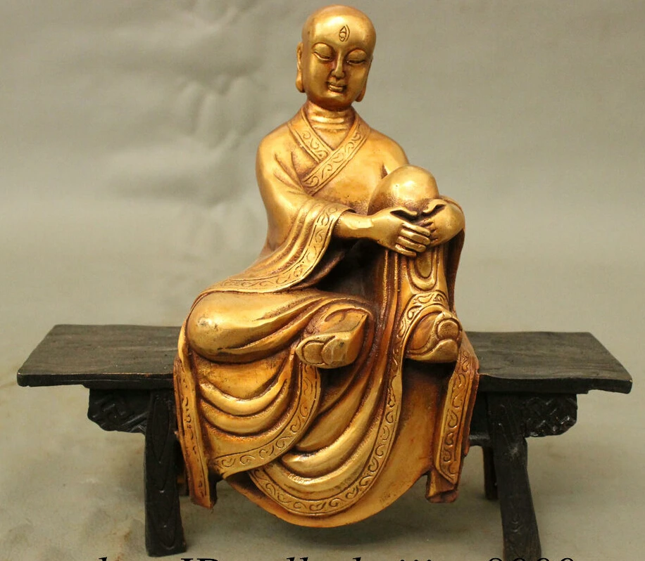 

8" Folk Chinese Bronze Gilt Technics 3 Eyes TangSeng Kshitigarbha Buddha Statue