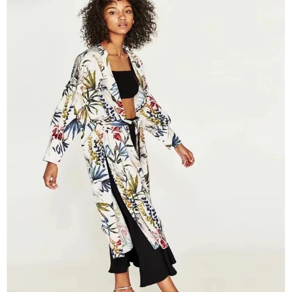 Women Ethnic Flower Print With Sashes Kimono Shirt Retro New Bandage Cardigan Blouse Tops Blusas Chemise Femme Blusa