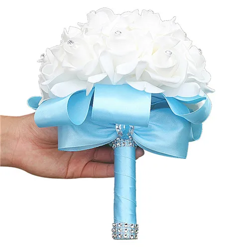 Белые ПЭ розы невесты свадебные поролоновые цветы розы свадебный букет ленты поддельные свадебные букет de noiva 15 цветов вы можете на заказ - Цвет: D baby blue