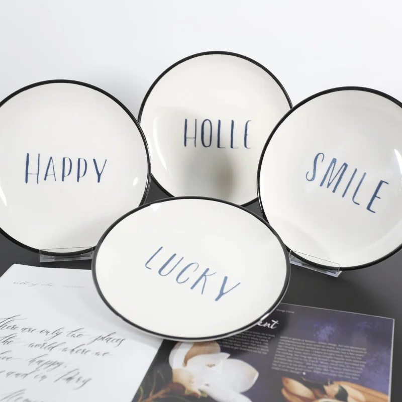 

Reusable Dinner Plastic Plates Melamine Like Ceramic Letter Print Simple style Breakfast Plates Set For Party Wedding