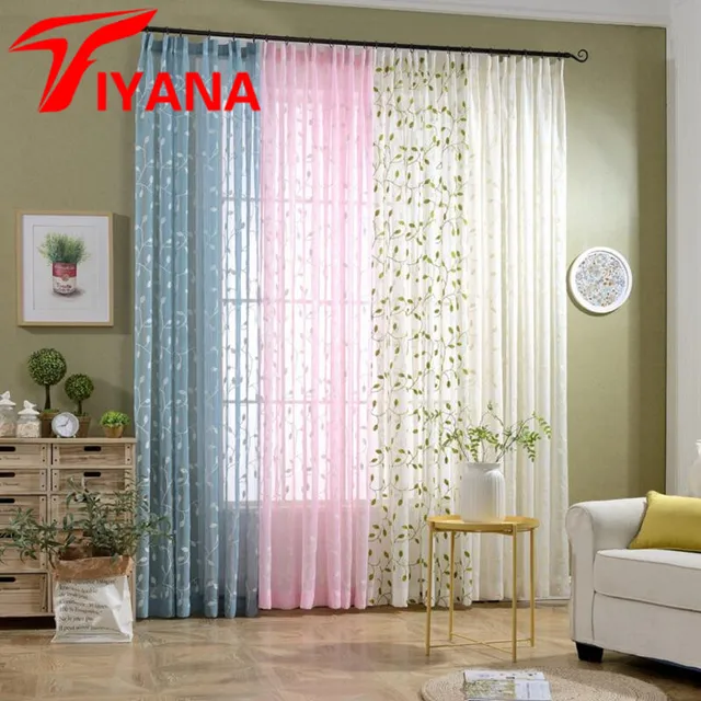Rustic Fresh Green Leaves Pattern Embroidered Curtain For Living Rustic Fresh Green Leaves Pattern Embroidered Curtain For Living Room Bedroom Kitchen Sheer Curtains Window