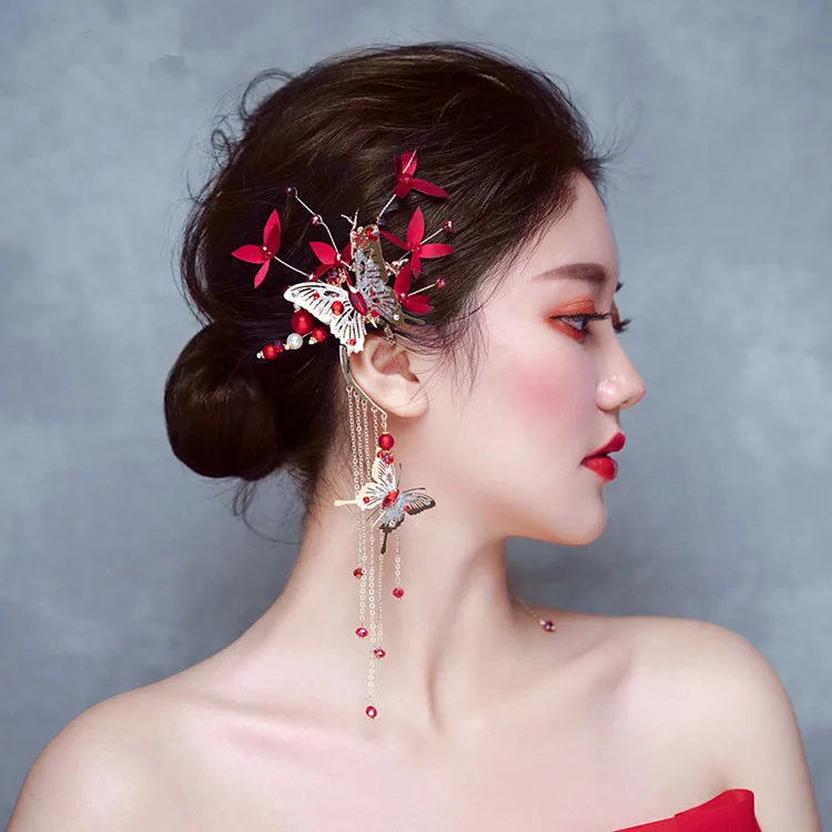 1 пара супер-бесцветный красный цветок Бабочка Ухо виснет невеста головной убор аксессуары Красный кисточки из бисера невесты аксессуары для волос