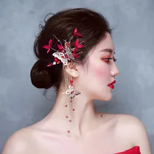 1 пара супер-бесцветный красный цветок Бабочка Ухо виснет невеста головной убор аксессуары Красный кисточки из бисера невесты аксессуары для волос