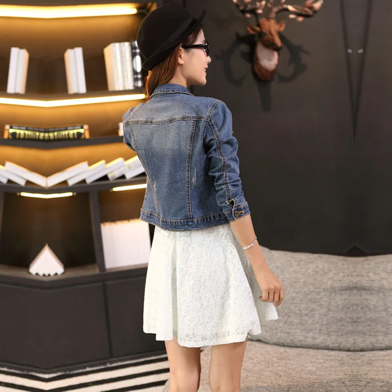 Finest  Spring Autumn Women Short Jeans Coat Long Sleeve Turn Down Collar Vintage Denim Jacket Casual Outwe