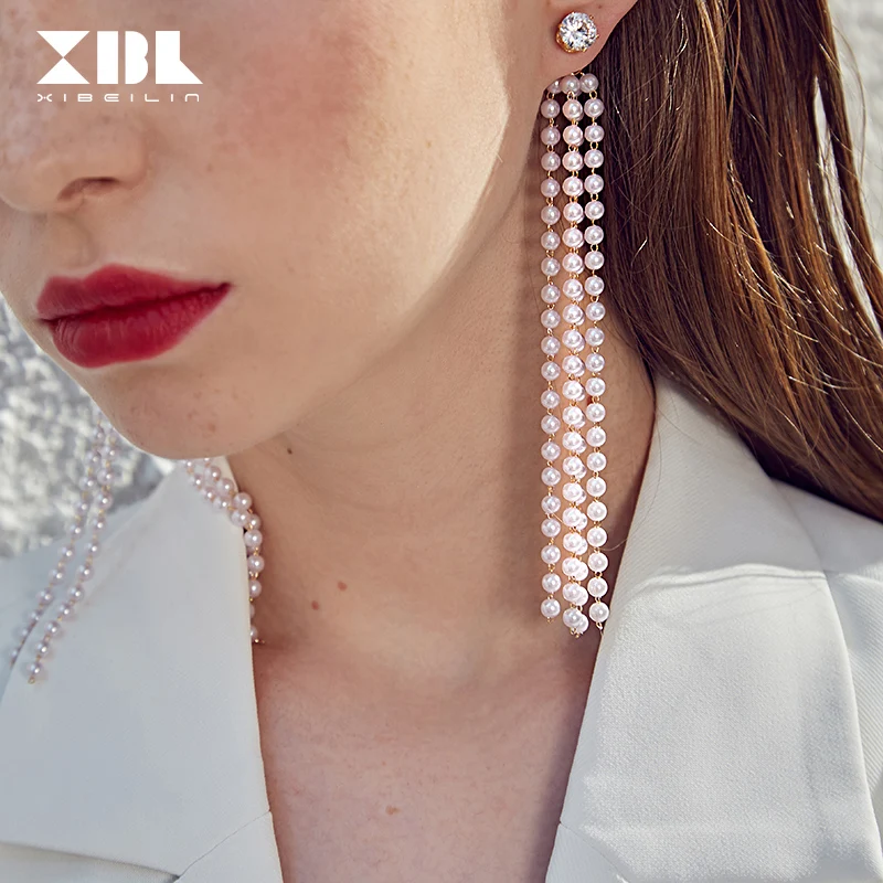 

Lady Celebrity Wind Long String Imitation Pearl Beaded Long Female Temperament Personality Popular Pendant Earrings Wild