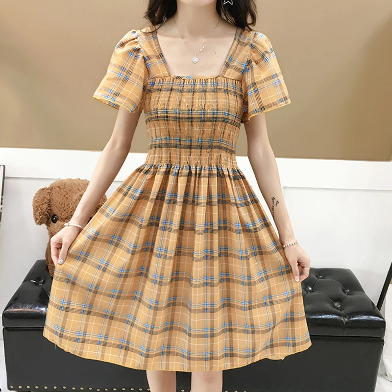 Puff sleeve plaid dress Clearance