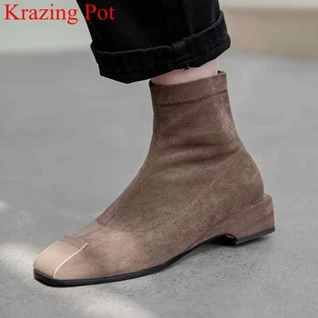 

superstar flock slip on square toe low heels women ankle boots concise strech boots party elegant keep warm winter shoes L8f1