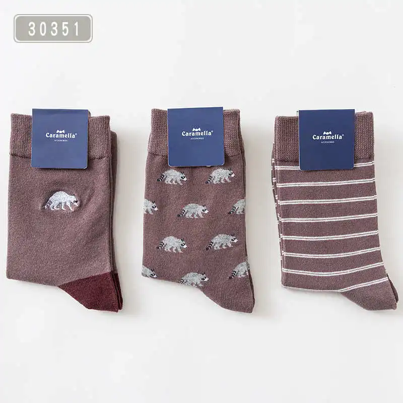 3 Pairs/Lot Caramella Men's Socks Cotton Crew Socks Mid-Calf Length Jacquard Embroidery Animal Pattern - Цвет: 3035111001