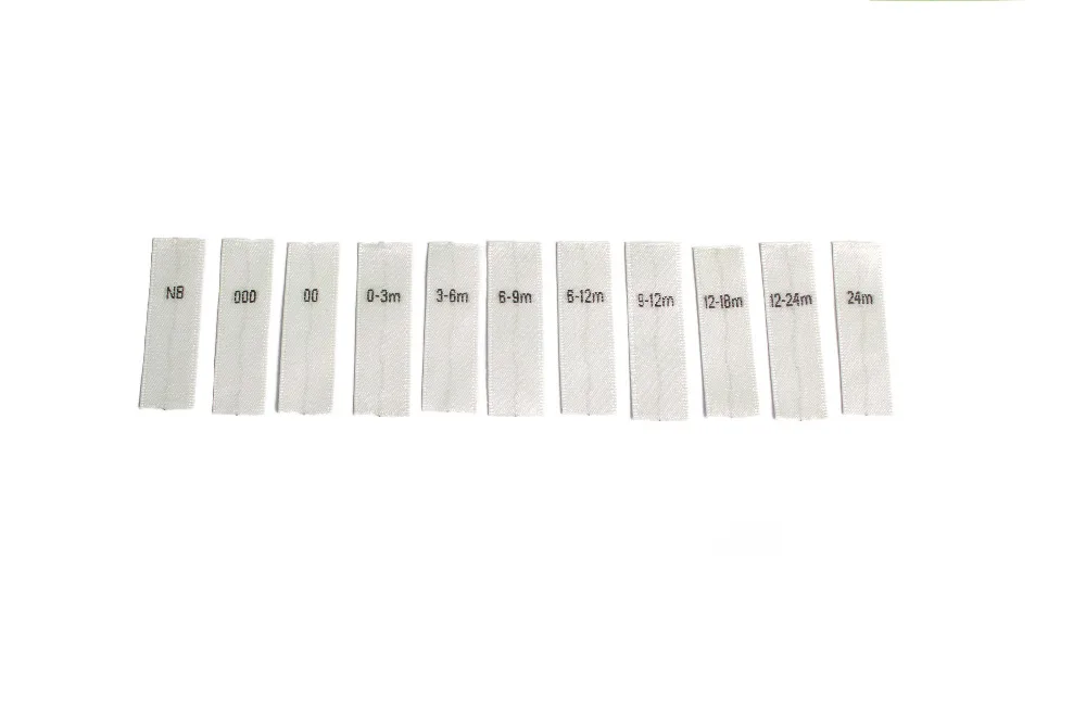

Satin damask woven size labels, soft underware , New born baby children clothing size tags labels, white background black size
