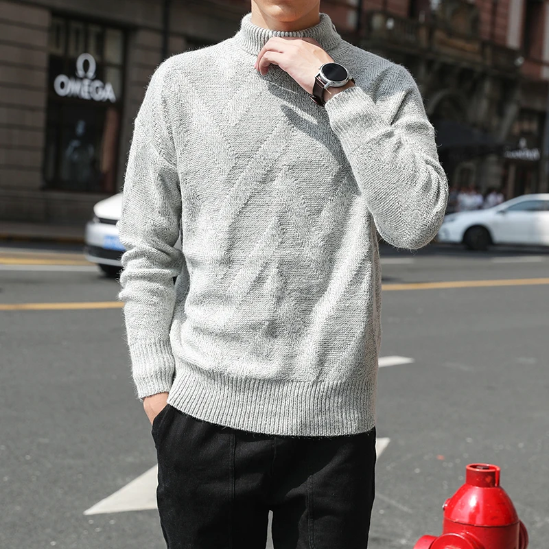 Best Price 2019 New Autumn Winter Men'S Sweater Men'S Turtleneck Solid Color Casual Sweater Men's Slim Fit Brand Knitted Pullovers 5XL 9056