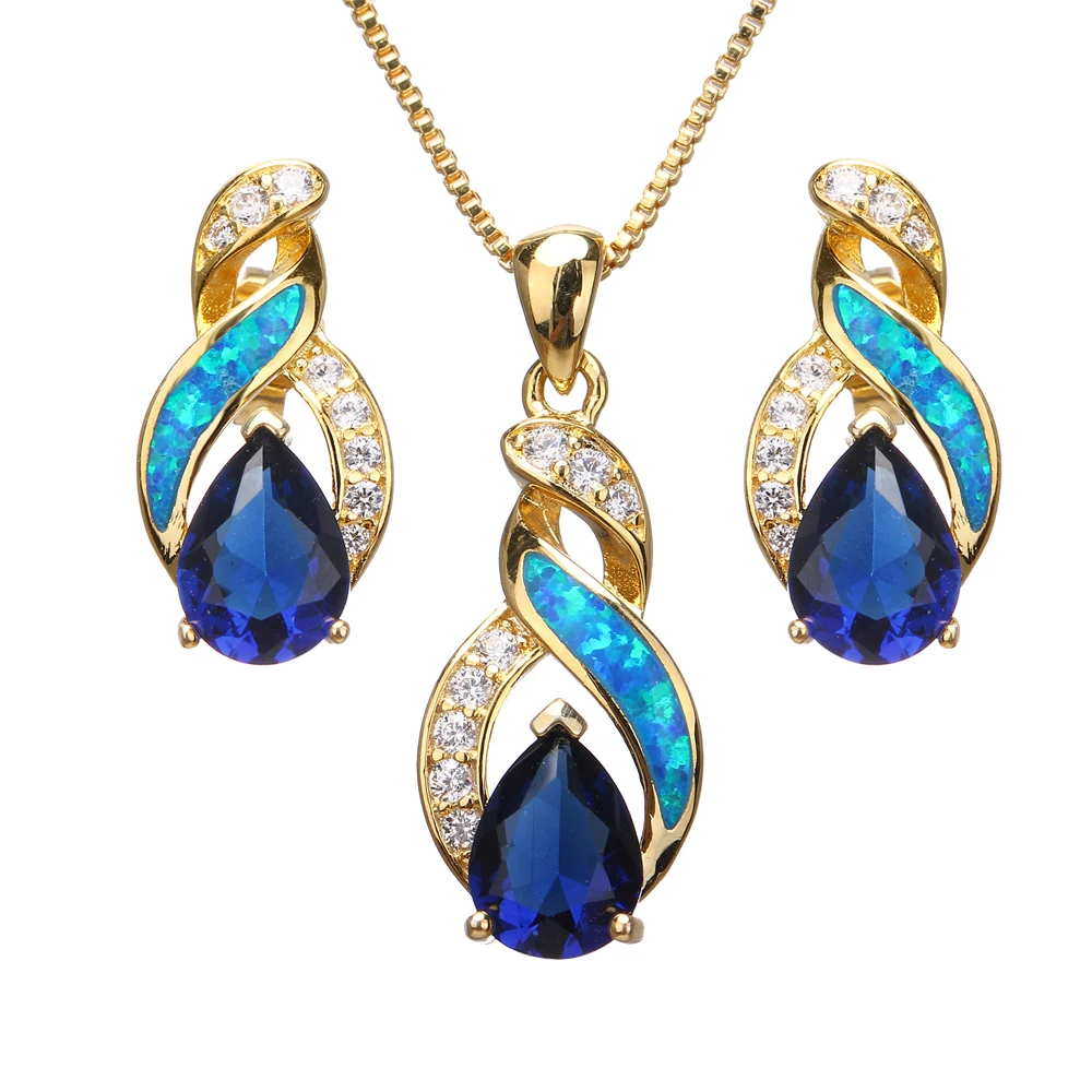 Fire Australian Opal Jewelry Set Yellow Golden Earrings Pendant