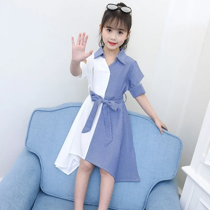 

New Summer 2019 Striped Patchwork Dresses For Teenage Girls Asymmetrical Belt Casual Infant Dress Kids Cotton Dresses Clothing