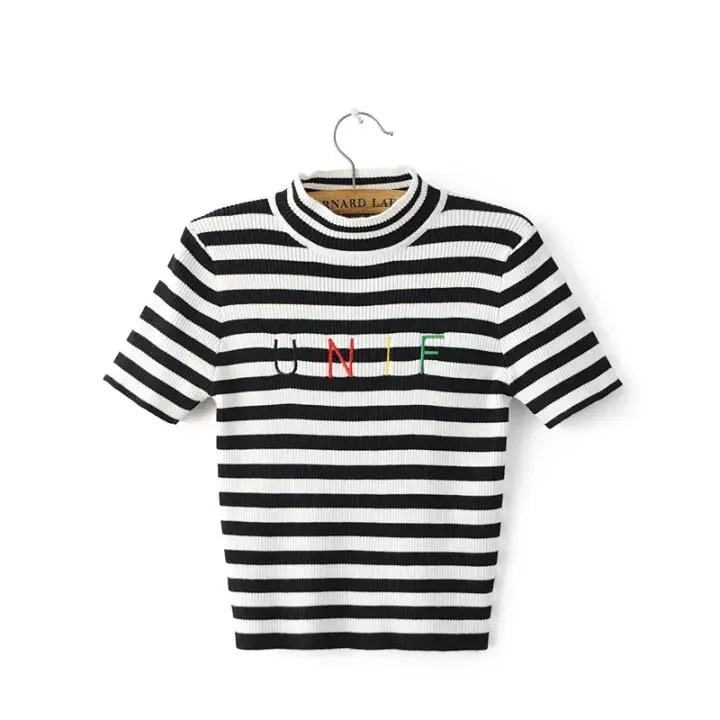Runway UNIF Sweater Women Turtleneck Striped Letter Pull Femme Short Sleeve Knitted Sweaters and Pullovers Sueter Mujer