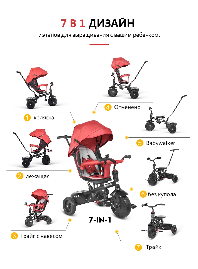 Besrey Kids Trike 7 в 1 трехколесный велосипед с вращающимся и откидывающимся сиденьем для детей, для сна, трехколесная коляска на колесиках