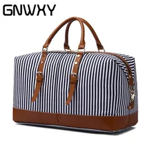 GNWXY полосатая холщовая кожаная мужская дорожная сумка, большая вместительность, сумка на выходные, многофункциональная сумка на ночь, спортивная сумка, сумки на плечо