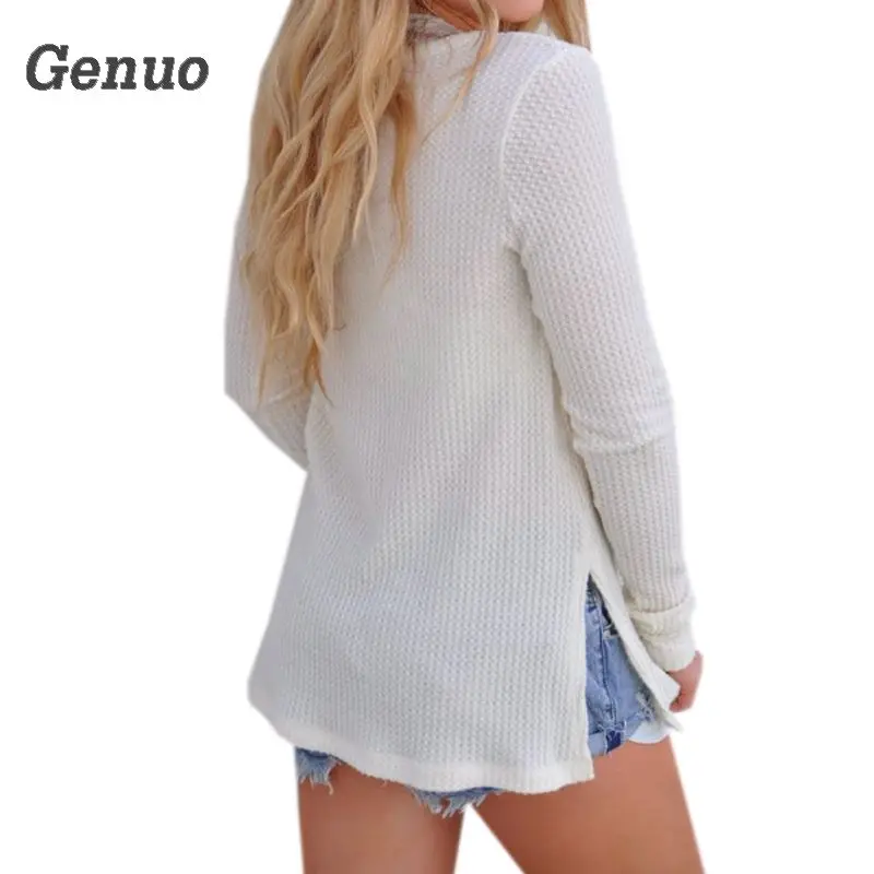 Knit Sweater Shirts Women Sexy Casual Solid Buttons Long Sleeve Sweaters Warm Winter Autumn Pullovers Side Split Tops Genuo