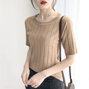 

ice-silk short-sleeved knitted medium-sleeved T jacket, five-sleeve thin sweater, loose for women