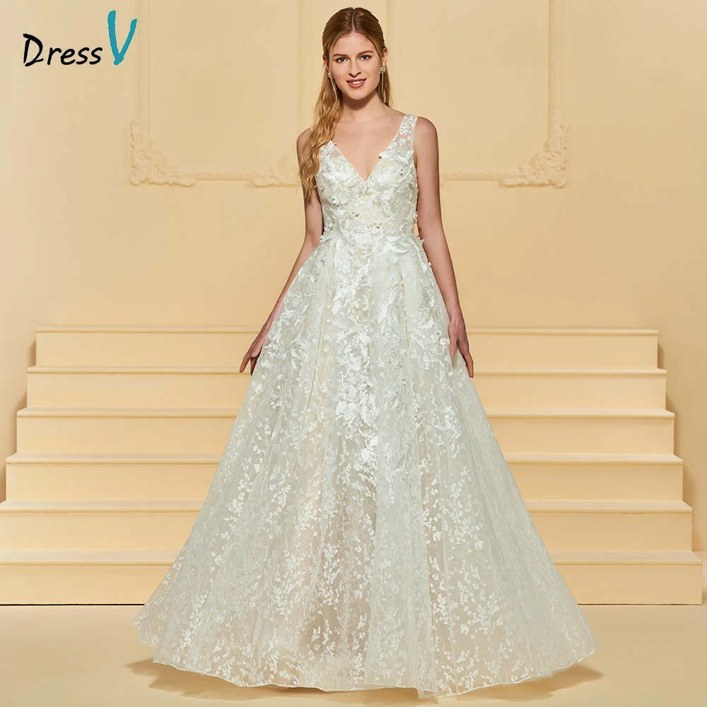 

Dressv lace v neck elegant wedding dress sleeveless a line floor length backless bridal outdoor&church appliques wedding dresses