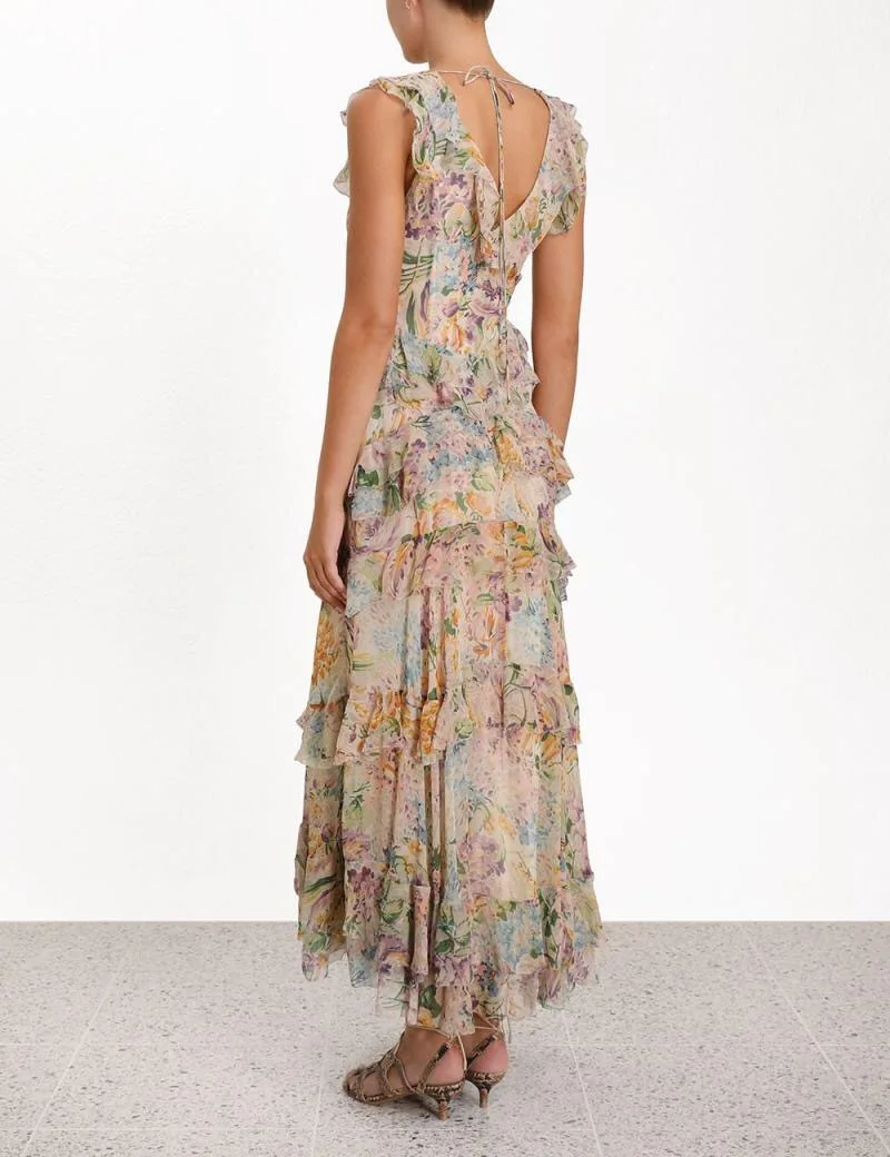 Дизайнерское длинное платье для подиума летние высококлассное пляжное богемное платье для отдыха каскадные оборки сексуальное платье с v-образным вырезом и цветочным принтом