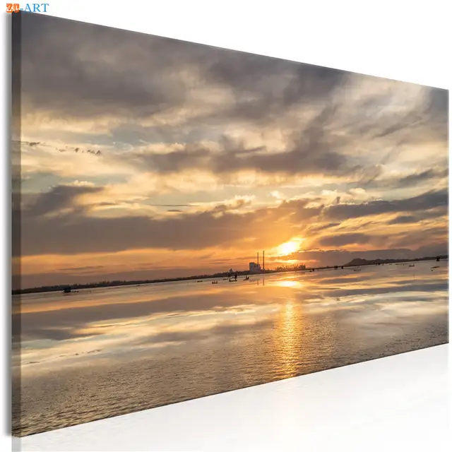 Landscape Sunset Canvas Painting Nature Poster Cloudy Evening