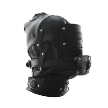 Faux Leather Full Covered Eye Head Mask BDSM Bondage Hood Blindfold with Removable Mouth Dildo Gag Fetish Sex Toys GN312400018