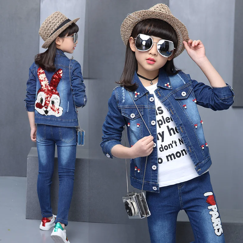 

2018 Spring Autumn Girls Clothes denim Jacket+T shirt + Jeans 3 Pcs Set Fashion embroider rabbit Kids Coat for 4-15Year