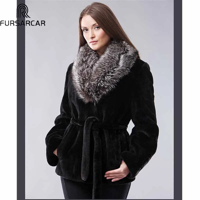 

FURSARCAR Thick Winter Natural Rex Rabbit Fur Jacket Fashion Female Jackets Black Women Real Fur Coat With Silver Fox Fur Collar
