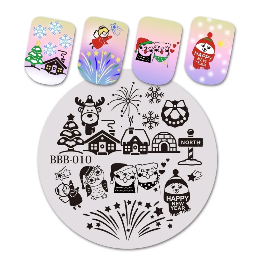 

BEAUTYBIGBANG 1Pc Round Christmas Template Tree Snowflake Fireworks Nail Stamping Plates Stamping Polish Manicure BBB-010