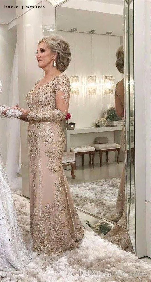 2018 Sheer Long Sleeves Mother of Bride Groom Dresses Applique Satin Floor Length Mother Dresses Formal BA7931  158