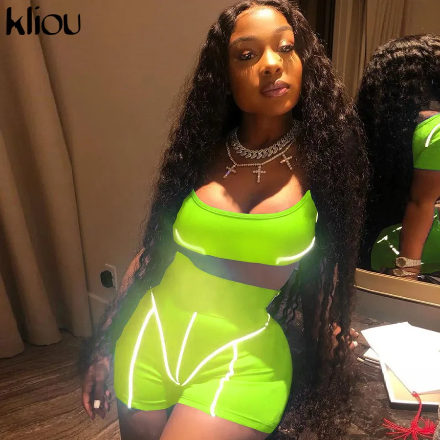 Kliou women Reflective two pieces set 2019 summer short sleeve strapless crop top Reflective striped patchwork shorts outfits