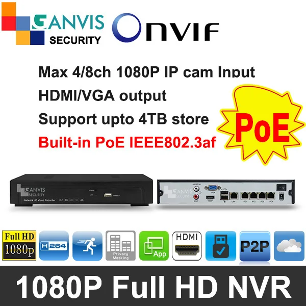 1080P FHD mini NVR PoE cctv system 4ch 8ch 9ch P2P ONVIF Support hik vision Dahua