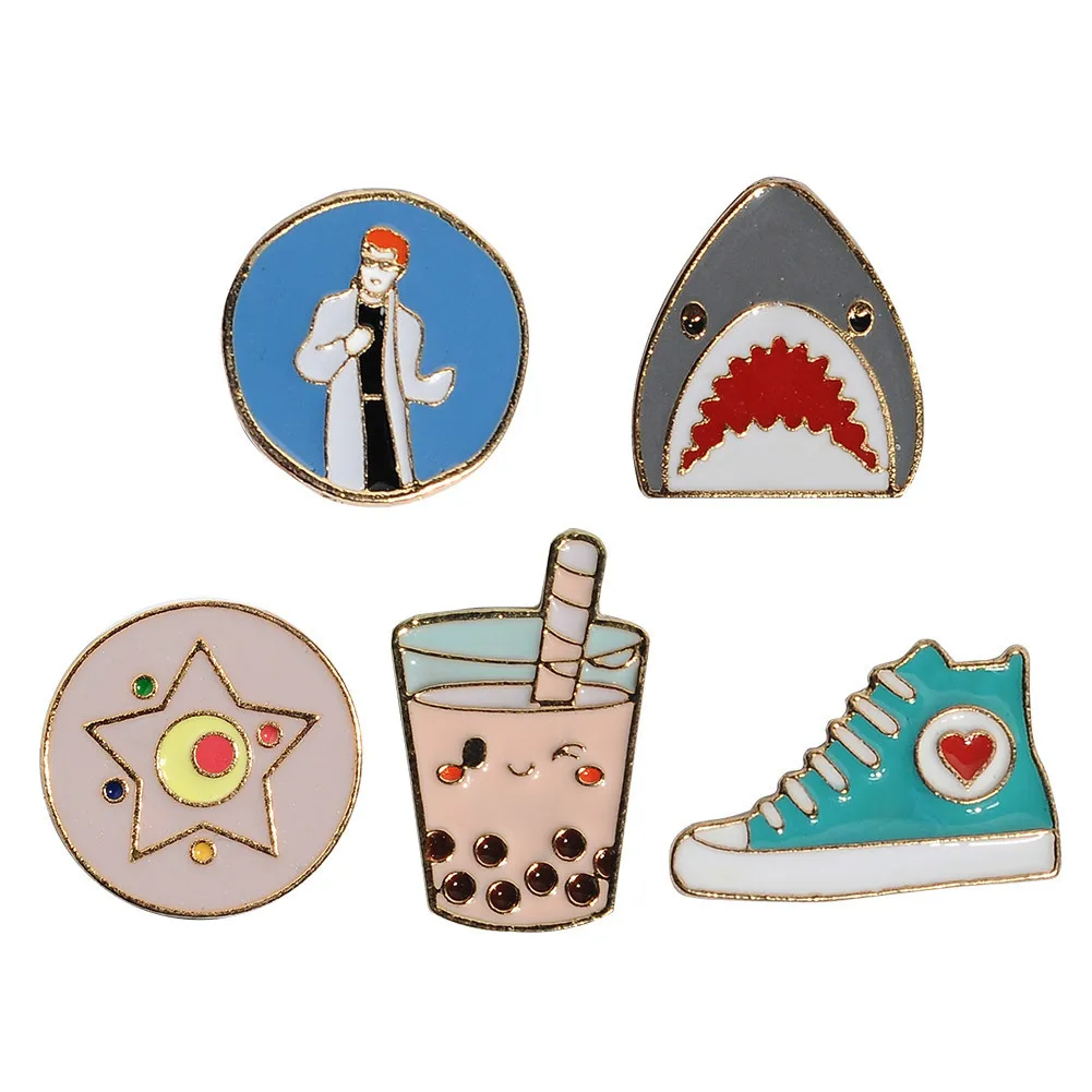 

5pcs/set Red Hair Men Star Shark Round Brooch for Girls Boys Enamal Pins Denim Jacket Hat/bag Lapel Pin Badge Brooches Q238