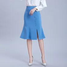 Женская летняя Милая юбка с разрезом эластичная пригородная офисная синяя юбка с высокой талией для девочек тонкая короткая труба русалка юбка-годэ школа