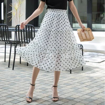 Makuluya Classic All-Match Soft Women Chiffon Polka Dot Lithe Black dots Elastic Waist Pleated Skirt Beach A-Line Plus Size L6
