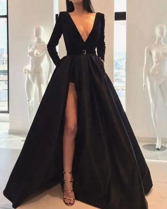 Сексуальные черные вечерние платья с глубоким v-образным вырезом и разрезом, новинка, платье трапециевидной формы с длинным рукавом в пол, атласное вечернее платье для женщин, платье для выпускного вечера - Цвет: Черный