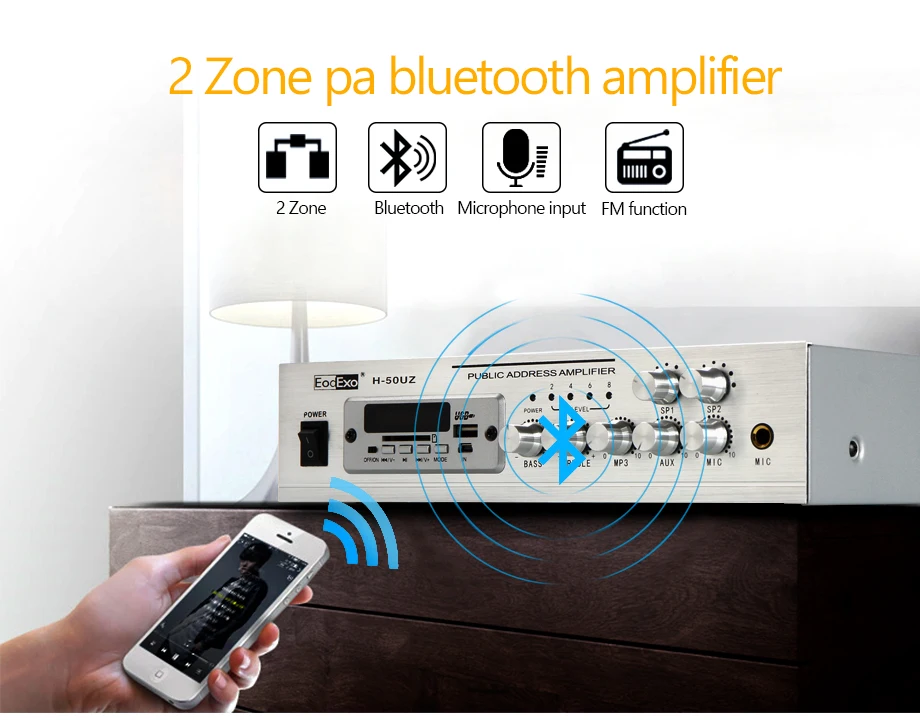 Oupushi 2 Zone PA Bluetooth усилитель 50 Вт Домашнее использование мини-микшер usb-усилитель с потолочным динамиком, настенный динамик, рок-динамик