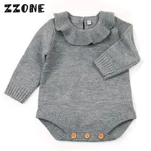 Зимний вязаный комбинезон для маленьких девочек от 6 месяцев до 24 месяцев, детский однотонный комбинезон с длинными рукавами, пуловер с оборками для новорожденных принцесс, свитер, DC336