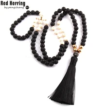 Модные черные камни лавы богемные племенные ювелирные изделия длинное ожерелье с черной кисточкой для женщин