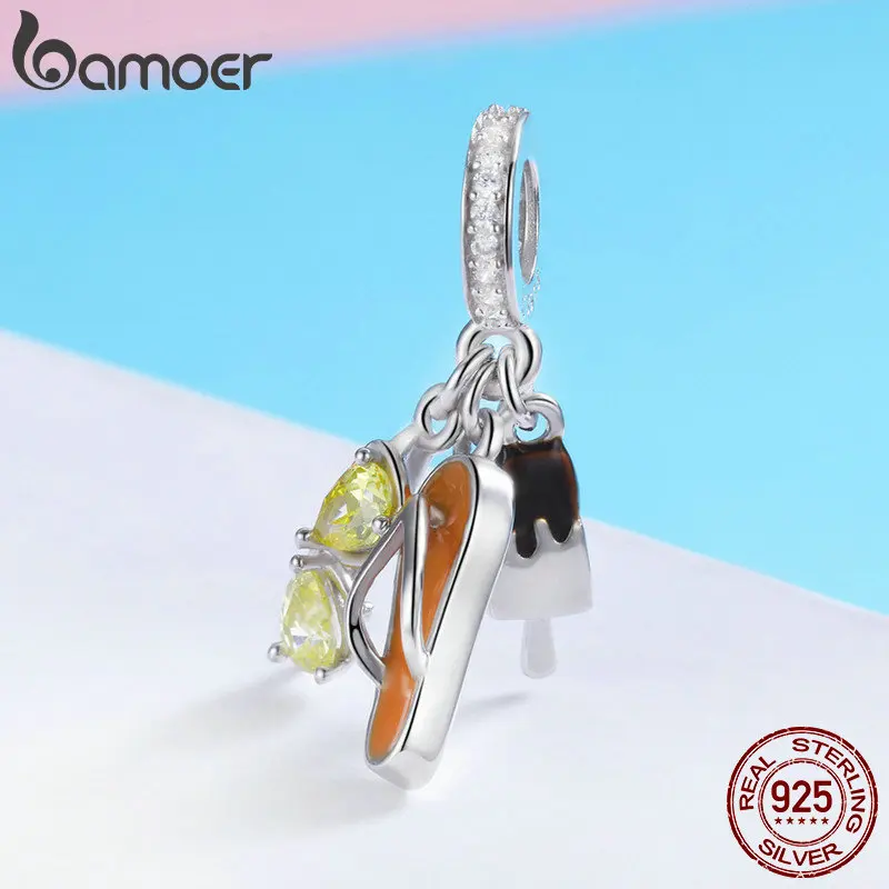 BAMOER Genuine 925 Sterling Silver Holiday Pendant Sunglasses Color Crystal Charms fit Women Bracelets jewelry Making SCC770