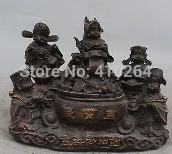 

7" Chinese Bronze Gilt Wealth 5 Mammon God treasure bowl Incense Burner Censer Statue discount 30%