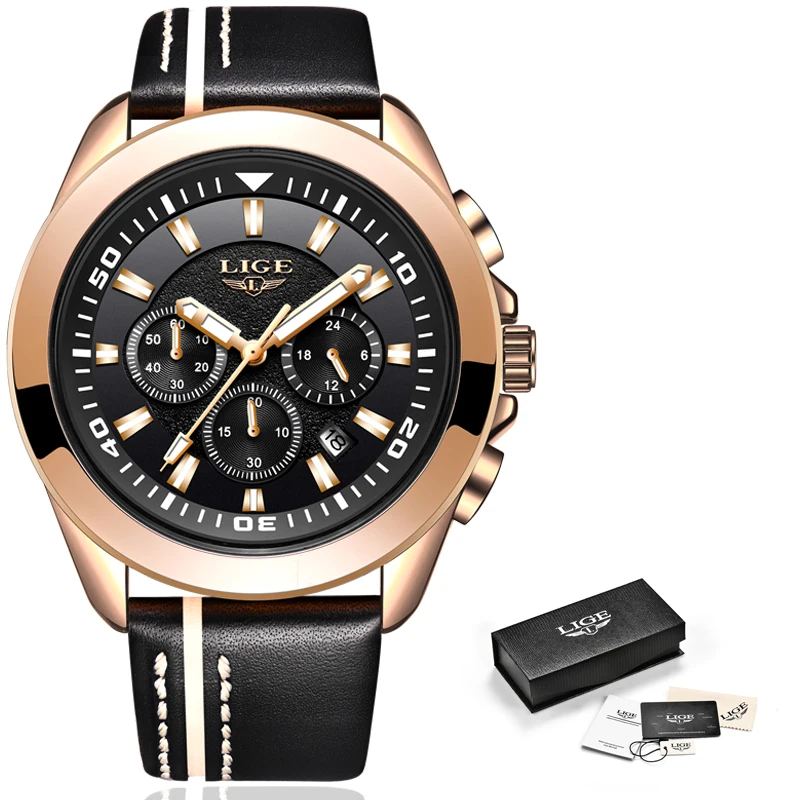 

Mens Military Watches Top Brand Luxury Mens Quality Multi-function Quartz Watch LIGE Men Fashion Leather Waterproof Sport Watch