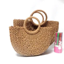 Ретро женская сумка для отдыха соломенный мешок соломенные сумки для женщин круглая плетеная Сумка Пляжная сумка дамская модная сумка на шнурке