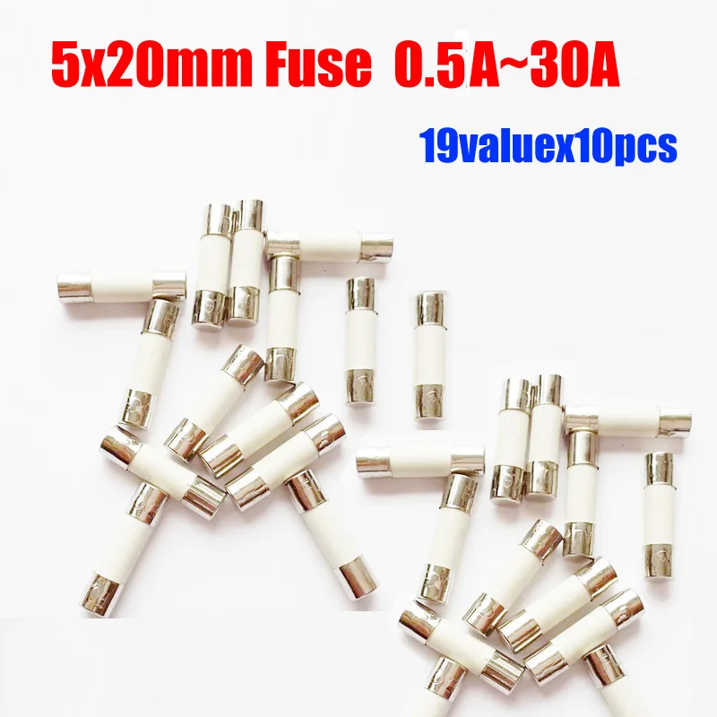 

Free Shipping 19valuesX10pcs=190pcs 5x20 0.5A-30A Ceramic Fuse Assorted Packs 5*20 250V Ceramic Fuses Kit