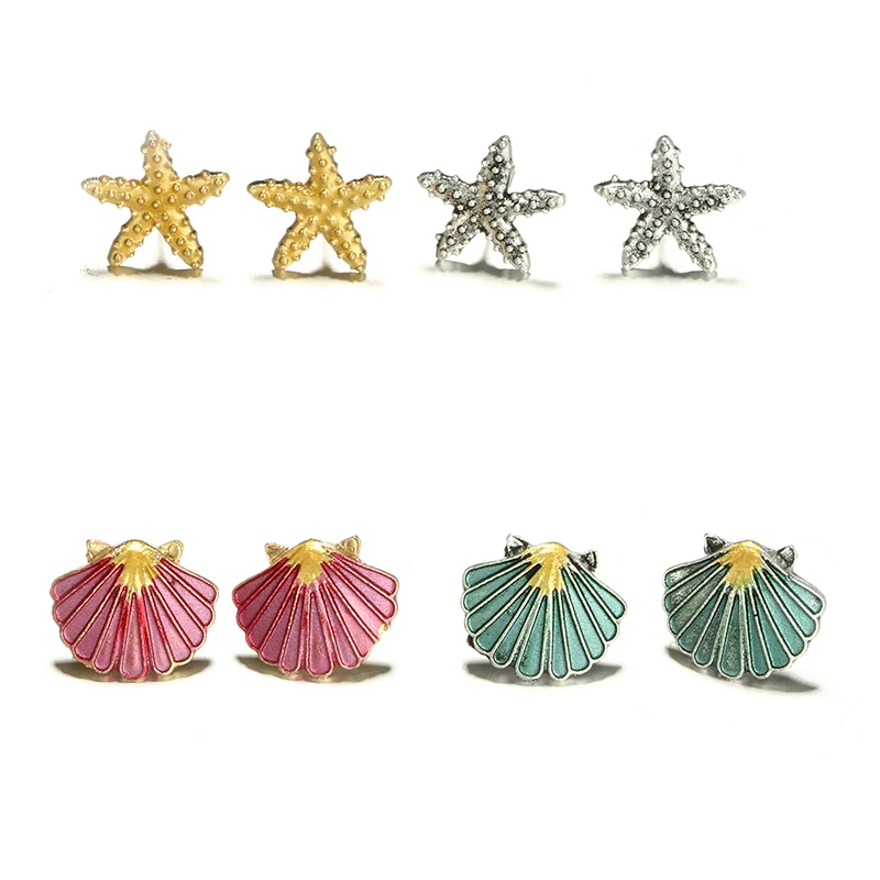 4pair/set Cute Starfish Shell Stud Earring Set Women Colorful Conch