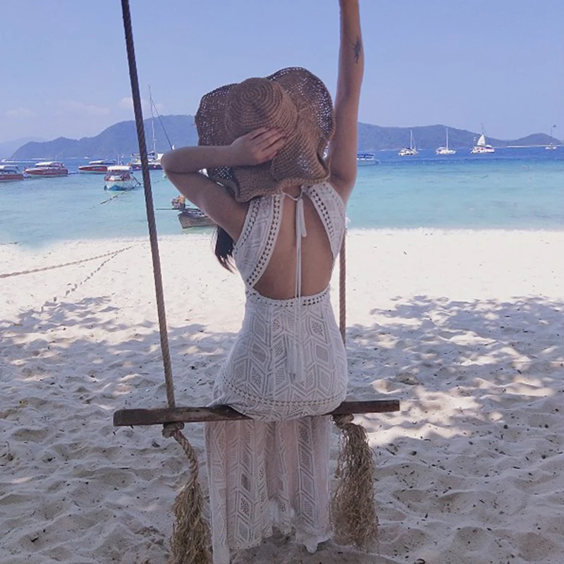 

YOSIMI 2019 Summer Women Dress Lace Maxi Long Halter Beach Dress Sleeveless Backless Sexy Lady Beige Bohemian Dresses Holiday