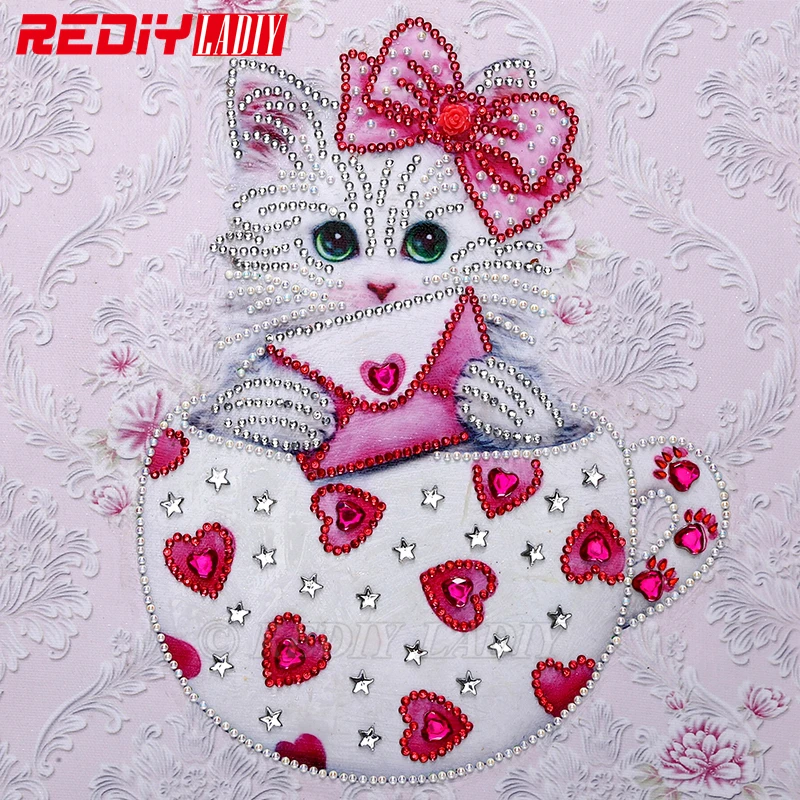 Special Shaped Diamond Painting Cat Cup Embroidery Cartoon Shining Round Mosaic Picture Of Rhinestones 25x25cm | Дом и сад